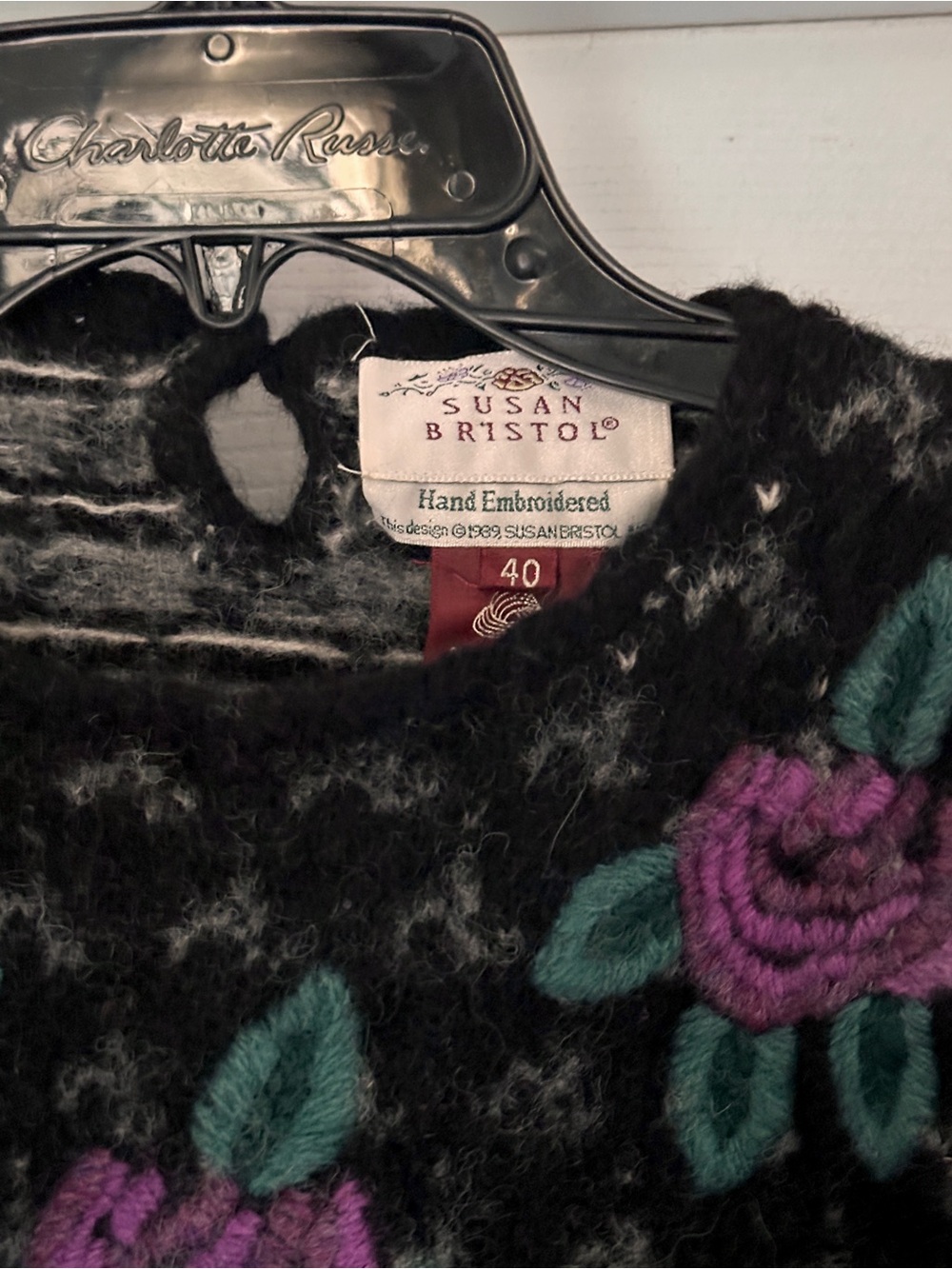 Vintage Susan Bristol Black Knit Embroidered Sweater Purple Rose Size Small - Picture 3 of 6